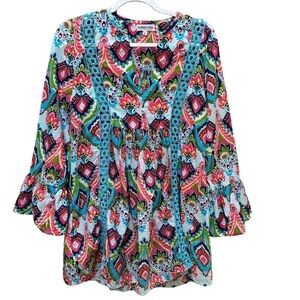 Buckhead Betties Bright Multicolor Boho 3/4 Sleeve Flowy Tunic Gypsy M‎